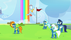 Size: 1920x1090 | Tagged: safe, screencap, fleetfoot, misty fly, soarin', spitfire, windy whistles, pony, g4, parental glideance, excited, rainbow, runway
