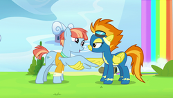 Size: 1920x1090 | Tagged: safe, screencap, spitfire, windy whistles, pony, g4, parental glideance, clothes, rainbow waterfall, uniform, wing hands, wing shake, wonderbolts uniform