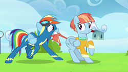 Size: 1920x1090 | Tagged: safe, screencap, rainbow dash, windy whistles, pony, g4, parental glideance, tail pull