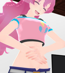 Size: 843x948 | Tagged: safe, artist:cartoonvoremmd, pinkie pie, human, g4, 3d, anime, female, fetish, giggling, humanized, midriff, mmd, open mouth, pinkie pred, ponk, rwby, smiling, solo, source in the description, vore