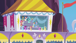 Size: 1920x1090 | Tagged: safe, screencap, apple bloom, berry punch, berryshine, bow hothoof, dizzy twister, doctor whooves, goldengrape, linky, orange swirl, ponet, roseluck, scootaloo, shoeshine, sir colton vines iii, spring melody, sprinkle medley, sweetie belle, time turner, windy whistles, earth pony, pegasus, pony, unicorn, g4, parental glideance, cutie mark crusaders, female, filly, foal, male, mare, open mouth, open smile, rainbow dash's parents, ship:windyhoof, sitting, smiling, stallion