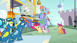Size: 1920x1090 | Tagged: safe, screencap, apple bloom, bow hothoof, fleetfoot, rainbow dash, scootaloo, spitfire, sweetie belle, windy whistles, earth pony, pegasus, pony, unicorn, g4, parental glideance, clothes, cutie mark crusaders, female, filly, foal, male, mare, pony pile, rainbow dash's parents, ship:windyhoof, stallion, tower of pony, uniform, wonderbolts uniform