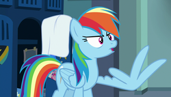 Size: 1920x1090 | Tagged: safe, screencap, rainbow dash, pony, g4, parental glideance, female, locker room, lockers, mare, solo, wing hands