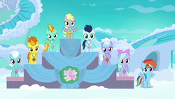 Size: 1920x1090 | Tagged: safe, screencap, cloudchaser, derpy hooves, fleetfoot, flitter, lightning dust, rainbow dash, soarin', spitfire, pegasus, pony, g4, parental glideance, blue coat, female, filly, filly derpy, filly fleetfoot, medal, podium, spread wings, tail, underp, white mane, white tail, wingboner, wings, younger