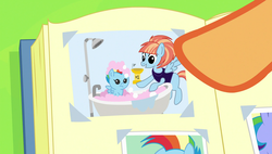 Size: 1920x1090 | Tagged: safe, screencap, bow hothoof, rainbow dash, scootaloo, windy whistles, pony, g4, parental glideance, baby, baby dash, baby pony, bubble bath, photo, rainbow dash's parents, scrapbook, younger