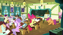 Size: 1920x1090 | Tagged: safe, screencap, apple bloom, boysenberry, cheerilee, diamond tiara, peach fuzz, pipsqueak, scootaloo, silver spoon, sweetie belle, earth pony, pony, g4, parental glideance, bowing, classroom, colt, cutie mark crusaders, male, ponyville schoolhouse, scrapbook