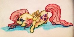 Size: 1984x987 | Tagged: safe, artist:mylittlelevi64, fluttershy, pegasus, pony, g4, female, floppy ears, folded wings, looking away, prone, sad, solo, teary eyes, traditional art