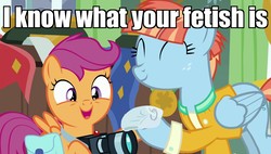 Size: 1920x1090 | Tagged: safe, edit, edited screencap, screencap, scootaloo, windy whistles, pegasus, pony, g4, parental glideance, clothes, diaper, female, fetish, filly, image macro, mare, meme, non-baby in diaper