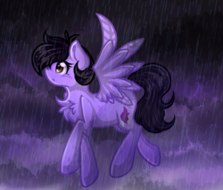 Size: 1300x1114 | Tagged: safe, artist:sketchyhowl, oc, oc only, oc:quilly, pegasus, pony, female, flying, mare, rain, solo