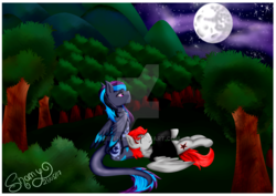 Size: 1024x724 | Tagged: safe, artist:shamy-crist, oc, oc only, pegasus, pony, clothes, forest, male, moon, night, stallion, tree