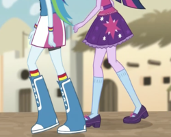 Size: 718x573 | Tagged: safe, screencap, rainbow dash, sci-twi, twilight sparkle, equestria girls, equestria girls specials, g4, my little pony equestria girls: movie magic, boots, clothes, compression shorts, cropped, legs, mary janes, pictures of legs, ponytail, raised leg, shoes, skirt, socks, wristband