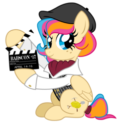 Size: 3650x3760 | Tagged: safe, artist:lostinthetrees, oc, oc only, oc:golden gates, pegasus, pony, babscon, clapboard, clothes, female, high res, mare, simple background, sitting, solo, transparent background