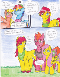 Size: 2552x3296 | Tagged: safe, artist:tristanjsolarez, applejack, big macintosh, fluttershy, rainbow dash, tex, earth pony, pegasus, pony, comic:trans ponies, g1, g4, :t, comic, dialogue, female, g1 to g4, generation leap, high res, male, mare, rainbow blitz, rule 63, ship:fluttermac, shipping, speech bubble, stallion, straight, thought bubble, traditional art, wavy mouth