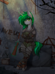 Size: 1000x1347 | Tagged: safe, artist:margony, oc, oc only, pony, unicorn, semi-anthro, clothes, commission, crossed hooves, female, glowing horn, gun, horn, leaning, magic, mare, rifle, solo, weapon