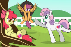 Size: 7600x5067 | Tagged: safe, artist:skyflys, apple bloom, scootaloo, sweetie belle, g4, absurd resolution, adorabloom, colored pupils, cute, cutealoo, cutie mark, cutie mark crusaders, diasweetes, farm, the cmc's cutie marks, tire swing, tree