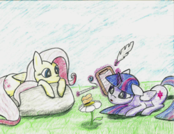 Size: 1024x791 | Tagged: safe, artist:coloringrainclouds, fluttershy, twilight sparkle, alicorn, butterfly, pony, g4, clipboard, duo, flower, magic, measuring, measuring tape, prone, quill, rock, ruler, science, traditional art, twilight sparkle (alicorn)