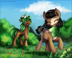 Size: 993x804 | Tagged: safe, artist:aschenstern, oc, oc only, earth pony, pony, duo, eyes closed, flower, grass, mouth hold, watering can