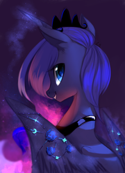 Size: 865x1200 | Tagged: dead source, safe, artist:gianghanz, princess luna, alicorn, pony, abstract background, beautiful, blue rose, cute, ear fluff, female, flower, glowing horn, jewelry, looking at you, looking back, lunabetes, mare, rear view, rose, s1 luna, sitting, smiling, solo, spread wings, wing jewelry, wings