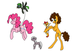 Size: 1024x717 | Tagged: safe, artist:pampoke, cheese sandwich, pinkie pie, oc, oc:ember dust, oc:grey mornings, oc:neon blitz, earth pony, pegasus, pony, unicorn, g4, adopted offspring, bipedal, colt, female, filly, flying, holding a pony, male, mare, parent:cheese sandwich, parent:pinkie pie, parents:cheesepie, pronking, ship:cheesepie, shipping, simple background, straight, tongue out, transparent background