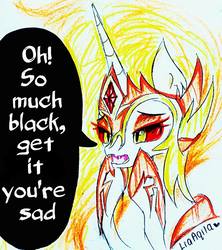 Size: 1200x1354 | Tagged: safe, artist:liaaqila, daybreaker, pony, a royal problem, g4, bitch, dialogue, fangs, female, jewelry, mocking, regalia, scene interpretation, solo, speech bubble, traditional art