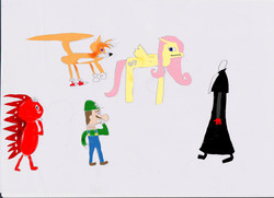 Size: 1750x1264 | Tagged: safe, artist:masonicon, fluttershy, pony, g4, cabadath, chzo mythos, crossover, flaky, gray background, happy tree friends, luigi, male, mario, miles "tails" prower, simple background, sonic the hedgehog (series)