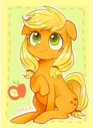 Size: 998x1380 | Tagged: safe, artist:osawari64, applejack, earth pony, pony, g4, blonde, cute, female, floppy ears, happy, hatless, hoof on chest, jackabetes, looking up, missing accessory, pigtails, raised hoof, sitting, smiling, solo, three quarter view