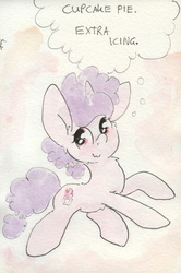 Size: 692x1040 | Tagged: safe, artist:slightlyshade, sugar belle, pony, unicorn, g4, female, mare, solo, thought bubble, traditional art, wavy mouth