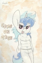 Size: 692x1045 | Tagged: safe, artist:slightlyshade, dj pon-3, vinyl scratch, anthro, g4, belly button, clothes, female, midriff, pants, solo, traditional art, tube top