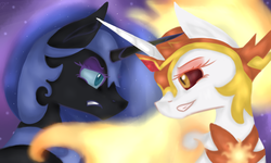 Size: 3600x2160 | Tagged: safe, artist:dixierarity, daybreaker, nightmare moon, alicorn, pony, a royal problem, g4, day, female, fight, high res, moon, night, nightmare, royal sisters, sisters, sun