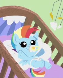 Size: 531x651 | Tagged: safe, rainbow dash, pony, g4, parental glideance, baby, baby dash, baby pony, crib, diaper, female, foal, pacifier, solo