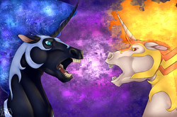 Size: 3000x1985 | Tagged: safe, artist:eperyton, daybreaker, nightmare moon, horse, pony, a royal problem, g4, ethereal mane, fangs, female, fight, floppy ears, frown, galaxy mane, hoers, mane of fire, open mouth, realistic, royal sisters, silly, silly pony, sisters
