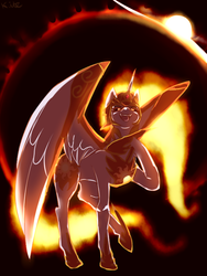 Size: 600x800 | Tagged: safe, artist:moondragon0494, daybreaker, alicorn, pony, a royal problem, g4, backlighting, female, looking at you, raised hoof, solo, spread wings, wings