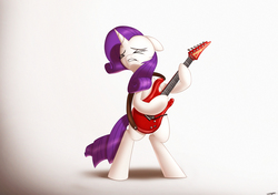 Size: 2480x1748 | Tagged: safe, artist:jeki, rarity, pony, unicorn, g4, honest apple, bipedal, electric guitar, eyes closed, female, guitar, guitarity, mare, musical instrument, simple background, solo