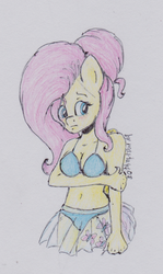 Size: 717x1203 | Tagged: safe, artist:marta4708, fluttershy, anthro, g4, belly button, bikini, blushing, breasts, cleavage, clothes, embarrassed, female, midriff, see-through, skirt, solo, swimsuit, traditional art