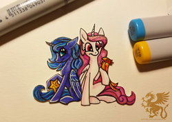 Size: 3520x2512 | Tagged: safe, artist:theantimonyelement, philomena, princess celestia, princess luna, phoenix, pony, g4, high res, pink-mane celestia, royal sisters, s1 luna, sitting, stars, tangible heavenly object, traditional art