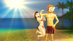 Size: 3840x2160 | Tagged: safe, artist:willitfit, oc, oc only, oc:cookie dough, oc:fleet wing, anthro, plantigrade anthro, 3d, barefoot, beach, clothes, feet, fleetdough, high res, partial nudity, source filmmaker, sunflare, sunlight, swimsuit, topless, trunks