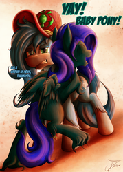 Size: 1075x1500 | Tagged: safe, artist:jamescorck, oc, oc only, oc:gaillen, oc:mad munchkin, pegasus, pony, annoyed, commission, dialogue, duo, eyes closed, female, hat, hug, mare, smiling