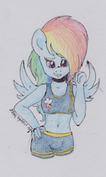 Size: 717x1203 | Tagged: safe, artist:marta4708, rainbow dash, anthro, g4, belly button, clothes, female, midriff, shorts, solo, sports bra, traditional art