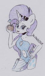 Size: 717x1203 | Tagged: safe, artist:marta4708, rarity, anthro, g4, belly button, clothes, coconut, female, food, navel cutout, one-piece swimsuit, solo, sunglasses, swimsuit, traditional art