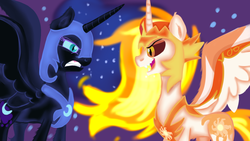 Size: 1280x720 | Tagged: safe, artist:jbond, daybreaker, nightmare moon, alicorn, pony, a royal problem, g4, duo, female, gritted teeth, mare, open mouth, royal sisters, simple background