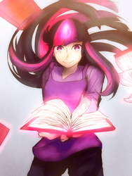 Size: 1500x2000 | Tagged: safe, artist:poisonicpen, twilight sparkle, human, g4, book, clothes, female, gradient background, horn, horned humanization, humanized, looking at you, magic, smiling, solo