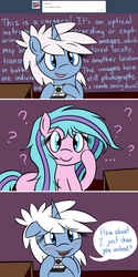 Size: 1280x2550 | Tagged: safe, artist:hummingway, oc, oc only, oc:cerulean mist, oc:swirly shells, pony, unicorn, ask-humming-way, ..., blushing, camera, comic, confused, dialogue, duo, female, hoof hold, jell-o, looking at you, mare, missing nose, open mouth, question mark, raised hoof, raised leg, smiling, speech bubble, tumblr, tumblr comic