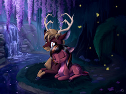 Size: 3000x2250 | Tagged: safe, artist:sirzi, oc, oc only, deer, fordeer, original species, antlers, cuddling, deer oc, eyes closed, female, flower, high res, male, oc x oc, scenery, shipping, smiling, straight, water, waterfall