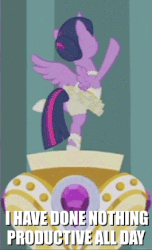 Size: 265x435 | Tagged: safe, edit, edited screencap, screencap, twilight sparkle, alicorn, pony, a royal problem, g4, animated, backbend, ballerina, caption, clothes, cropped, female, gif, i have done nothing productive all day, implied tail hole, rotating, solo, spinning, tutu, twilarina, twilight sparkle (alicorn)