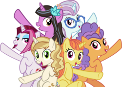 Size: 5265x3759 | Tagged: safe, artist:ironm17, cayenne, citrus blush, lily love, north point, pretzel twist, sweet biscuit, pony, unicorn, all bottled up, g4, absurd resolution, alternate mane six, background pony, best friends until the end of time, bipedal, female, group, happy, hooves up, looking at you, mare, simple background, singing, smiling, teeth, transparent background, vector