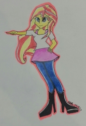 Size: 1681x2472 | Tagged: safe, artist:lizzyisme, sunset shimmer, pony, equestria girls, g4, clothes, female, pointing, short shirt, solo, traditional art