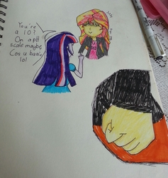 Size: 2175x2299 | Tagged: safe, artist:lizzyisme, sunset shimmer, twilight sparkle, equestria girls, g4, fist, high res, meme, this will end in pain and/or tears and/or death, traditional art