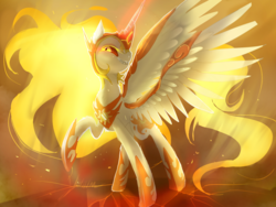 Size: 1024x768 | Tagged: safe, artist:nutty-stardragon, daybreaker, alicorn, pony, a royal problem, g4, female, glowing horn, helmet, hoof shoes, horn, looking at you, mare, raised hoof, smiling, solo