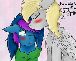 Size: 4251x3401 | Tagged: safe, artist:r0xyr0x, oc, oc only, oc:graffie, oc:warm heart, pegasus, pony, blushing, clothes, cute, eyes closed, female, high res, hoodie, kissing, lesbian, mare, piercing