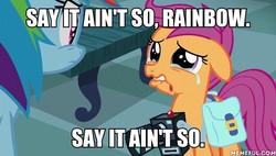 Size: 600x340 | Tagged: safe, edit, edited screencap, screencap, rainbow dash, scootaloo, pony, g4, parental glideance, crying, eight men out, memeful.com, tiny toon adventures